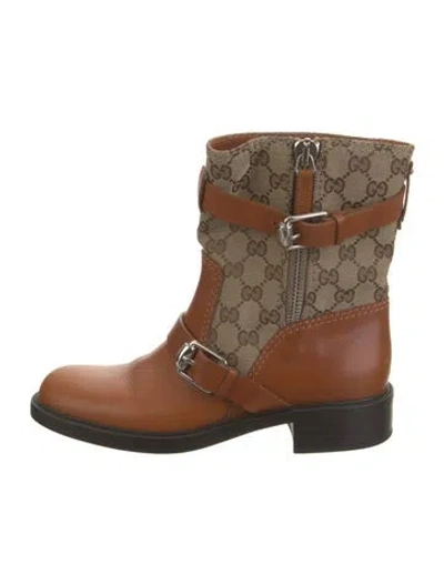Pre-owned Gucci Gg Canvas Leather Moto Boots In Brown/neutrals