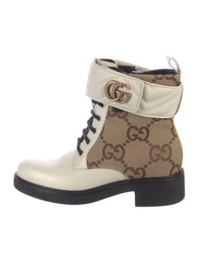 Pre-owned Gucci Gg Canvas Leather Moto Boots In Neutral