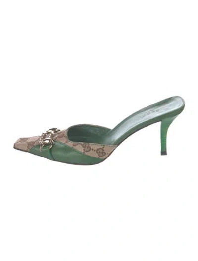 Pre-owned Gucci Gg Canvas Leather Mules In Green