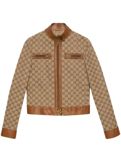 Gucci Cotton Blend Logo Jacket W/ Leather Trim In Beige