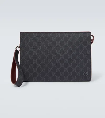 Gucci Gg Canvas Leather-trimmed Pouch In Blk/br.bord/steel