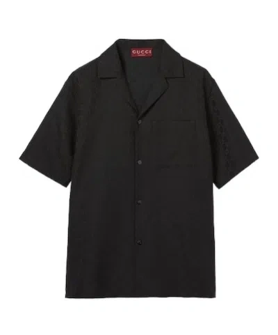 Gucci Gg Monogram Shirt With Chest Pocket And Side Slits In Black