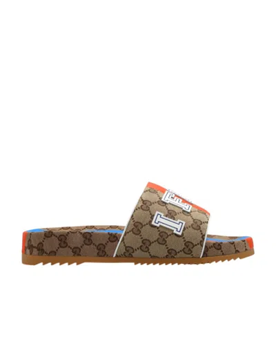 Gucci Gg Canvas Logo-patch Slides In Brown