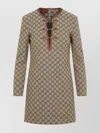 Gucci Beige Crewneck Mini Dress With Horsebit On The Front In Gg Canvas Woman