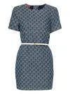 Gucci Fitted Blue Cotton Dress With Contrast Belt In Blue