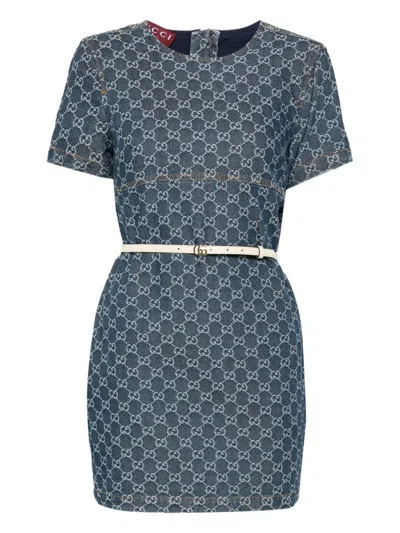Gucci Gg Jacquard Denim Mini Dress In Blue