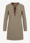 Gucci Beige Crewneck Mini Dress With Horsebit On The Front In Gg Canvas Woman In Camel