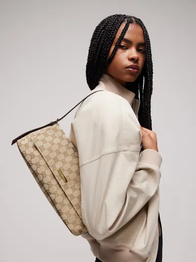Gucci Gg Canvas Mini Shoulder Bag With Adjustable Leather Strap And Diamante Lining, 13 Cm X 31 Cm X In Beige