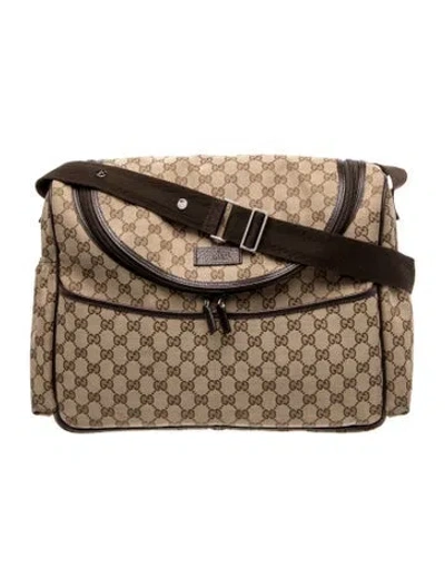 Pre-owned Gucci Gg Canvas Monogram Natural Pigskin Large Diaper Bag Beige Ebony Cocoa Dark Chocolate Large In Brown