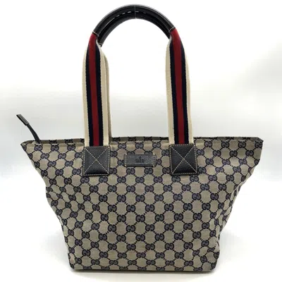 Pre-owned Gucci Gg Canvas Navy Gg Canvas Leather Tote Bag ()