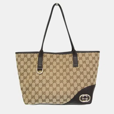 Pre-owned Gucci Gg Canvas New Brit Canvas Leather Tote Bag Beige Dark Brown In Sand