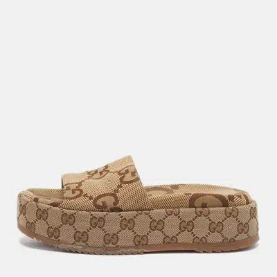 Pre-owned Gucci Gg Canvas Size 36 Beige Canvas Platform Sandals