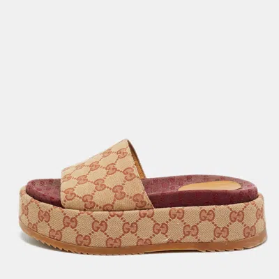 Pre-owned Gucci Gg Canvas Size 36.5 Beige Canvas Platform Sandals