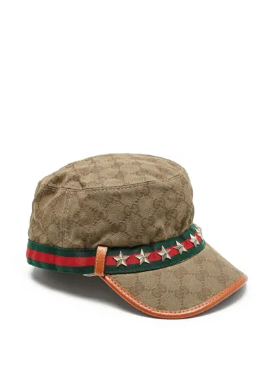 Pre-owned Gucci Gg Canvas Star Studded Military Hat In Neutral