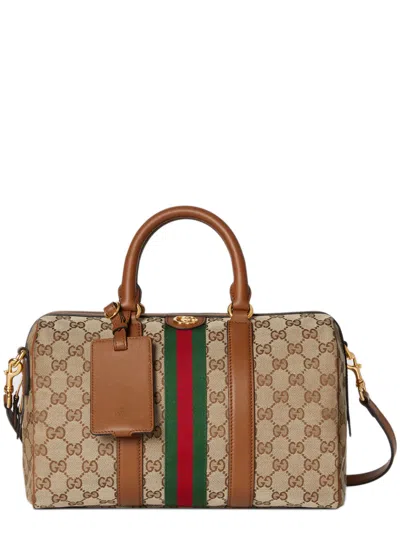 Gucci Gg Canvas Tote Bag 16 X 30 X 20 Cm With Leather Trim, Double G, Zip Closure & Adjustable Strap In Marrone