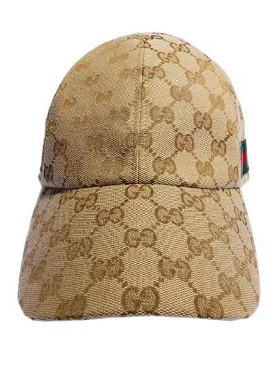 Gucci Gg Canvas Web Lined Hat With Adjustable Buckle Closure, Made In Italy In Brown
