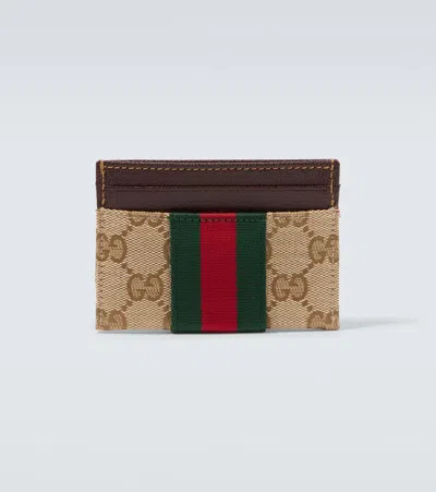 Gucci Gg Canvas Web Stripe Card Holder In Sand