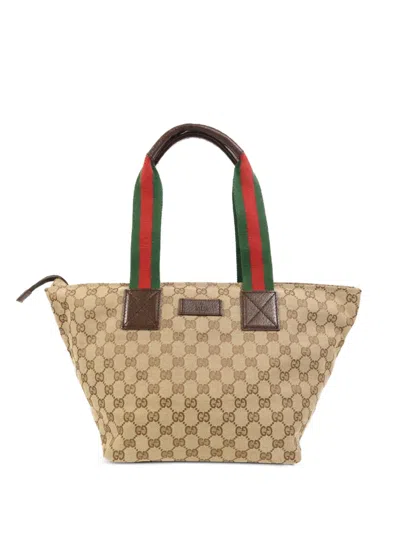 Pre-owned Gucci Gg Canvas Web Tote Bag In Neutral