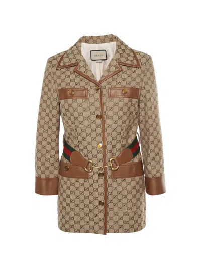 Pre-owned Gucci Gg Canvas Web-belt Coat In Neutral