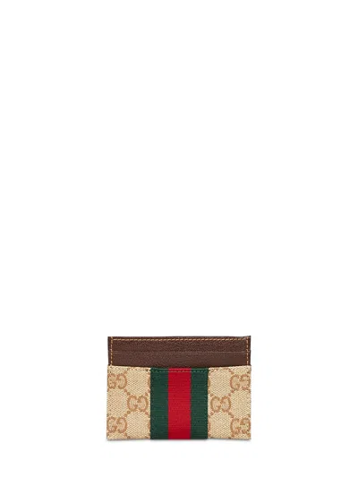 Gucci Gg Canvas With Web Stripe Card Case In Beige