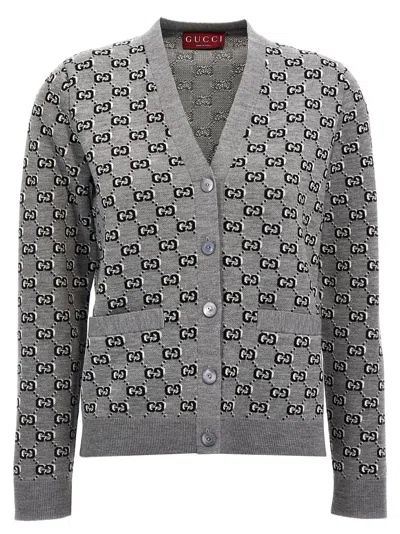 Gucci Wool Jacquard Cardigan With Gg Shadow In Grey