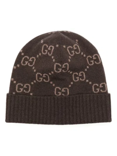 Gucci Embroidered Cashmere Beanie Hat In Brown