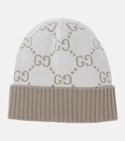 Gucci Gg Cashmere Jacquard Beanie In Off White/l.brown