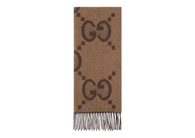 Pre-owned Gucci Gg Cashmere Jacquard Scarf In Beige/dark Brown