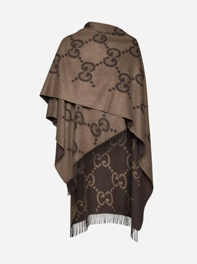 Gucci Gg Cashmere Reversible Poncho In Beige,dark Brown