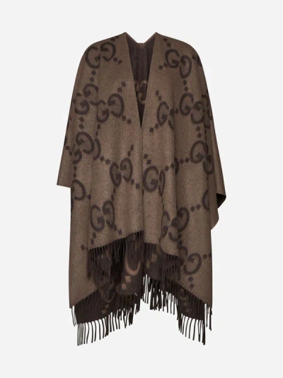 Gucci Gg-logo Reversible Cashmere Cape In Beige,dark Brown