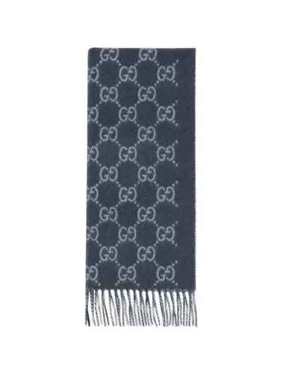 Gucci Gg Blue Cashmere Scarf In Brown