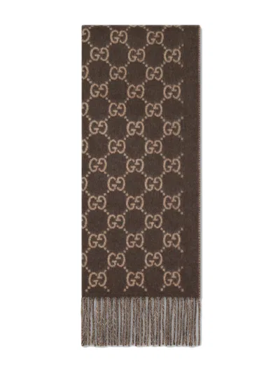 Gucci Gg Cashmere Scarf With Fringe Trim, 45 Cm X 190 Cm In Brown