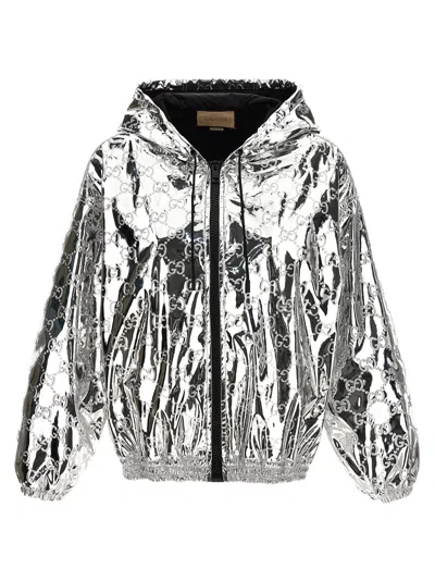 Gucci Shiny Finish Hooded Jacket With Elasticated Cuffs In Silver
