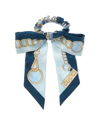 Gucci Gg Chain Silk Scrunchie In Blue