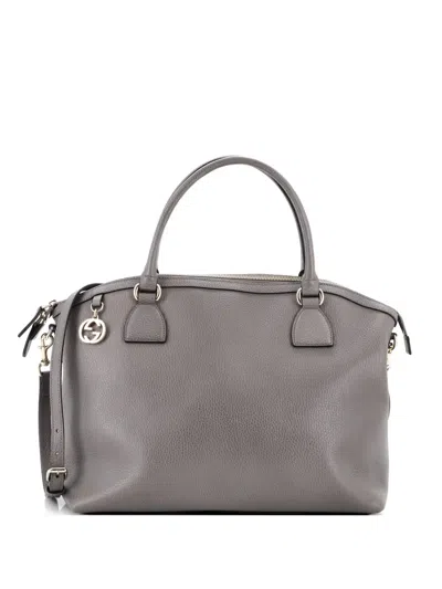 Pre-owned Gucci Gg Charm Convertible Dome Leather Medium Satchel In Gray