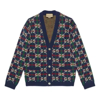 GUCCI GUCCI GG CHECK KNIT WOOL CARDIGAN 'BLUE WHITE'