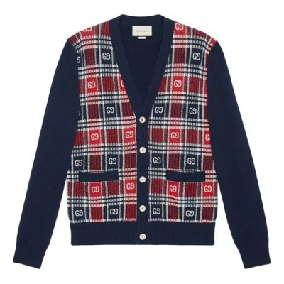 Gucci Gg Checked Jacquard Cashmere Sweater For Men Navy In Blue