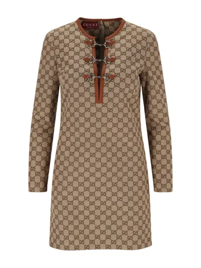 Gucci Cotton Blend Dress With All-over Gg Print In Brown