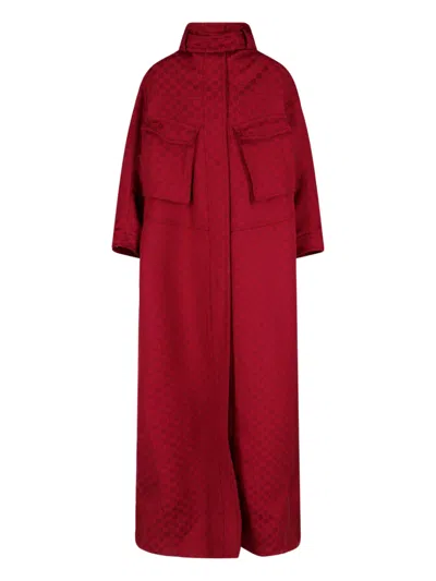 Gucci Monogram High Collar Long Length Jacket In Burgundy