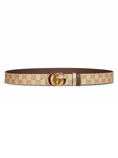 Gucci Gg Coated Canvas And Leather Belt With Double G Buckle, 3.5 Cm Width In Beige