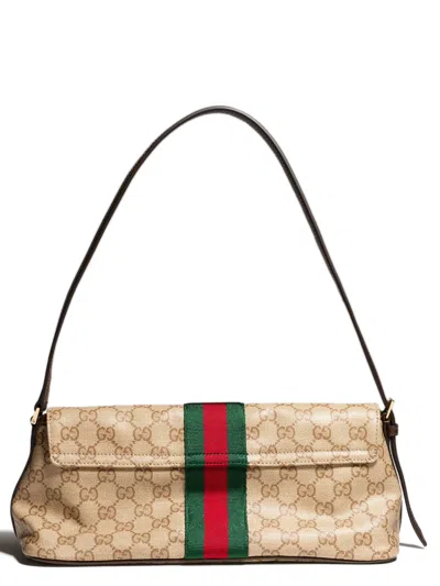 Gucci Gg Coated Canvas Shoulder Bag With Adjustable Leather Strap, 13 Cm X 31 Cm X 11.5 Cm In Beige