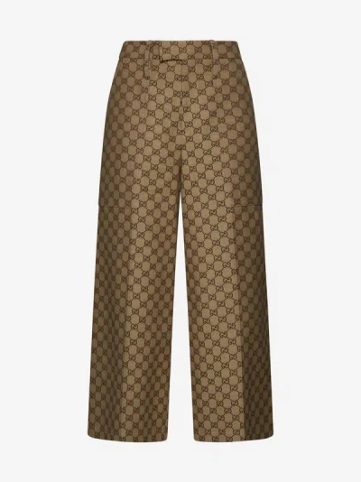Gucci Gg Cotton-blend Cropped Trousers In Camel,ebony