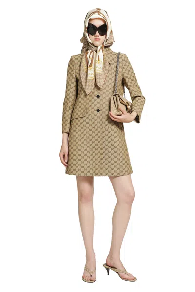 Gucci Gg Cotton Canvas Coat In Brown