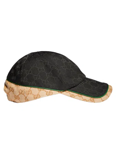 Gucci Gg Cotton Canvas Hat With Contrasting Green Trim And Engraved Buckle Closure In Black