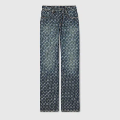 Gucci Gg Cotton Denim Jacquard Pants In Blue