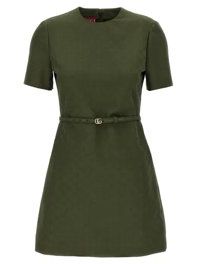 Gucci Women Green Mini Dress With Gg Buckle Belt In Fabric Woman