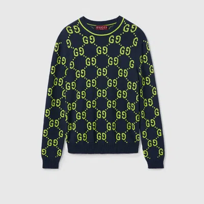 Gucci Gg Cotton Jacquard Crewneck Sweater In Blue