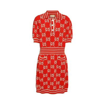 Pre-owned Gucci Gg Cotton Jacquard Polo Dress 'red/ivory' | Women's Size Xs