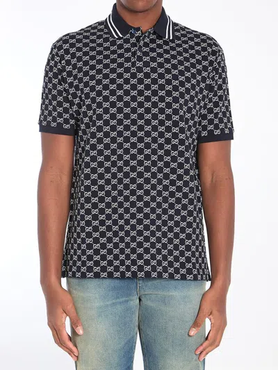 Gucci Cotton Polo Shirt With Gg Jacquard Motif In Navy