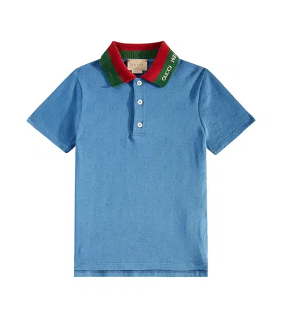 Gucci Kids' Gg Cotton Jacquard Polo Shirt In Blue
